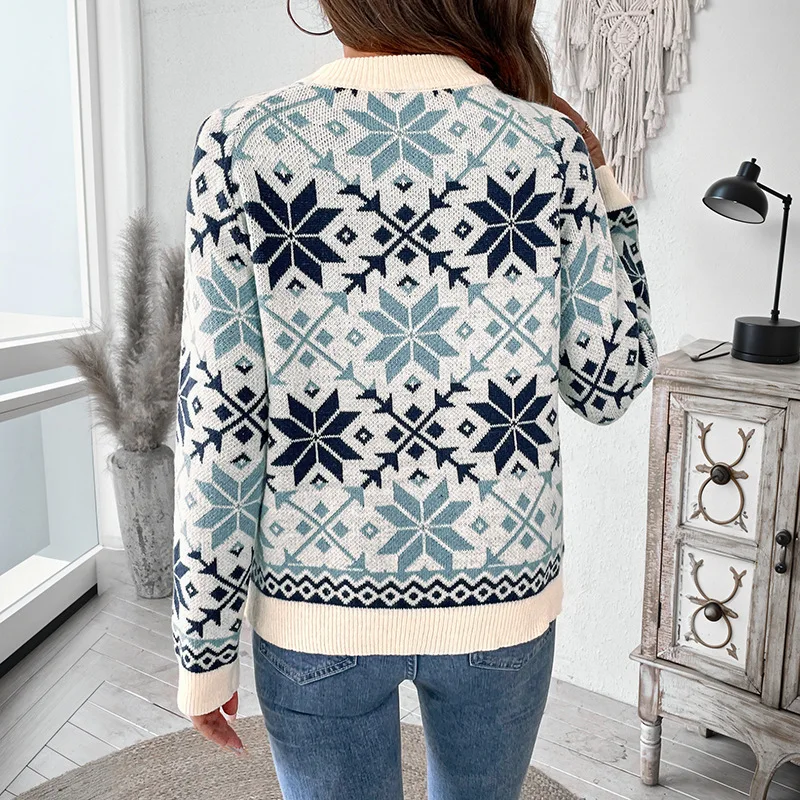 New European Style Women's Long Sleeve Round Neck Sweater Snowflake Geometric Pattern Nordic Style Knitted Top For Autumn Winter