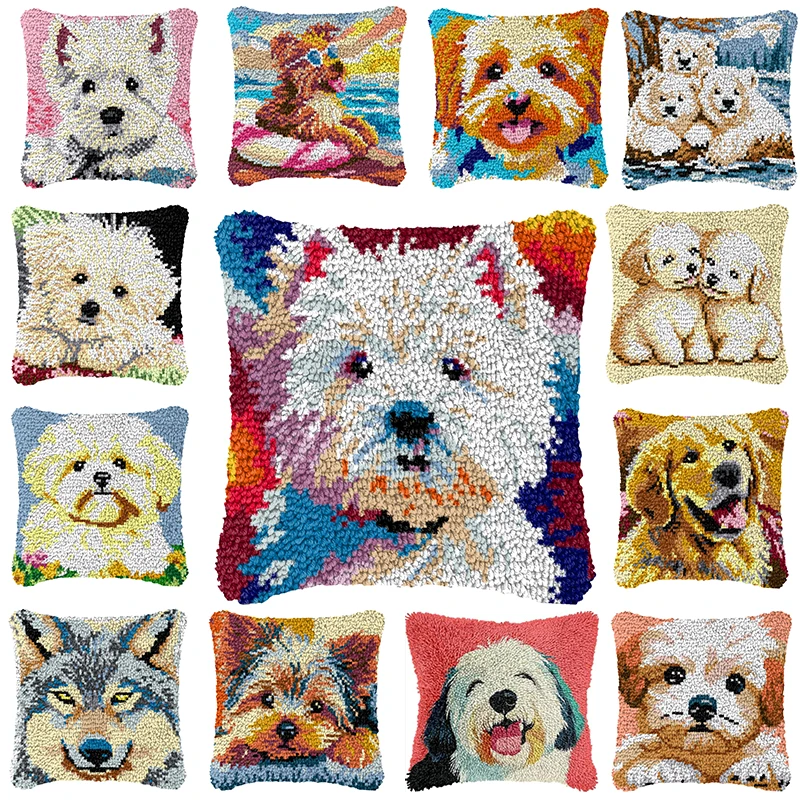 Cute Dog Embroidery Latch Hook Kit Cushion Animal Carpet Pillow Latch Hook Rug Kits Button Pad Package Smyrna Package DIY