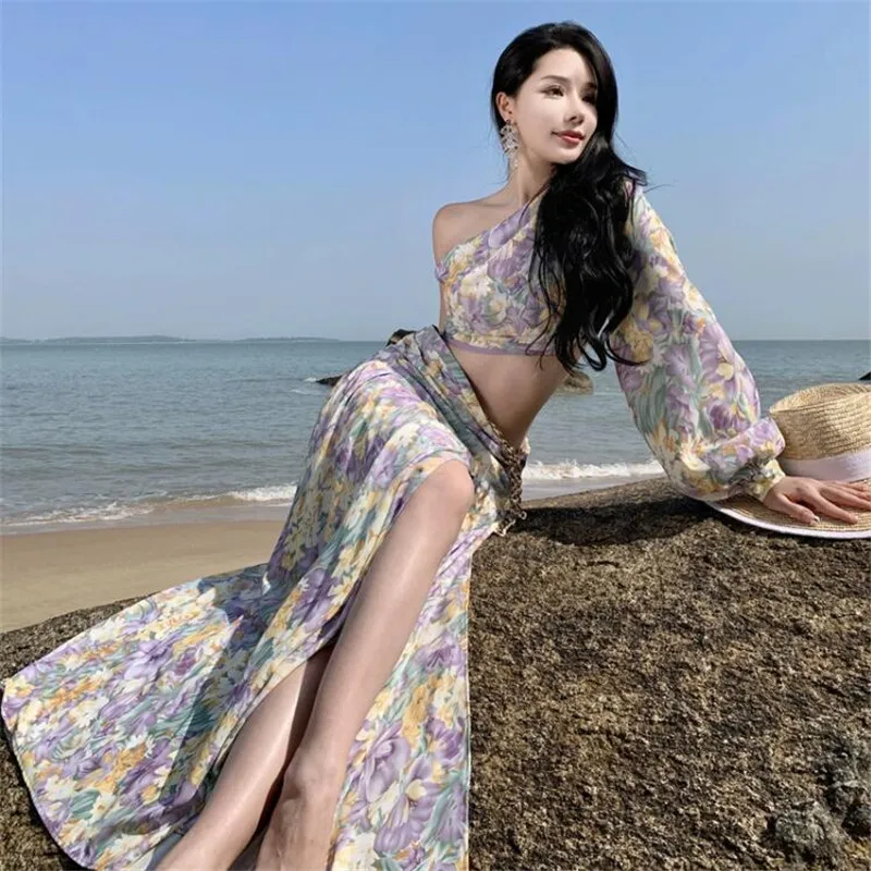 Robe longue bohème imprimée de fleurs pour femmes, robe de soirée évidée, jupe photo irrégulière, plage de vacances, été, nouveau