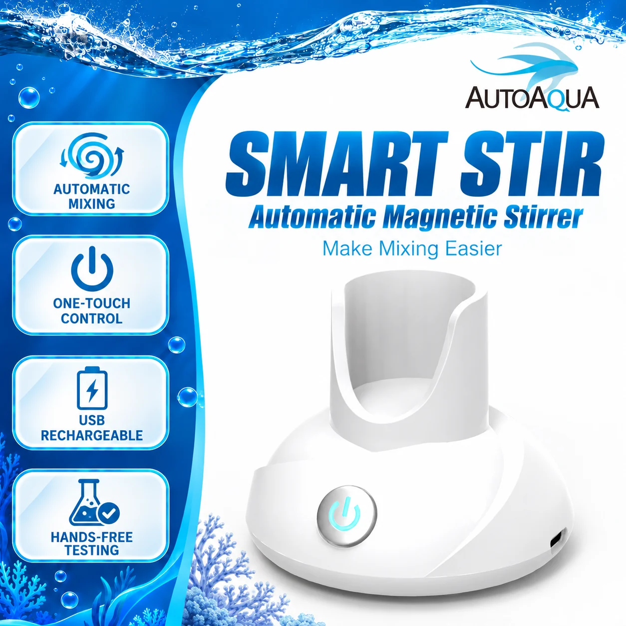 AutoAqua SS-100 Aquarium USB Rechargeable Liquid Regents Auto Mixing Water Testing Smart Stir Magnetic Stirrer for Test Kits