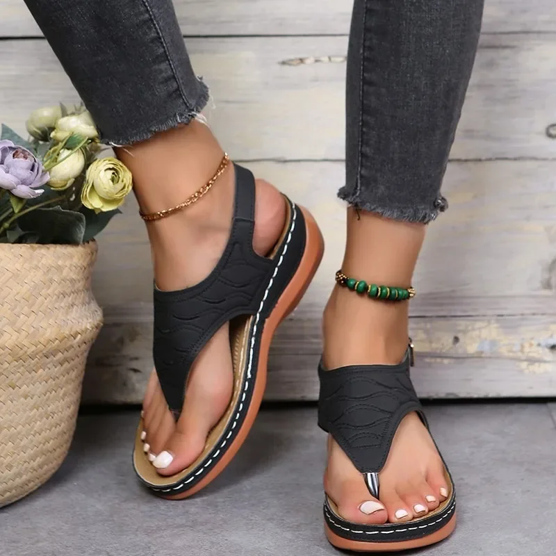 

2024 Summer Women Strap Sandals Women's Flats Open Toe Solid Casual Shoes Rome Wedges Thong Sandals Sexy Ladies Shoes