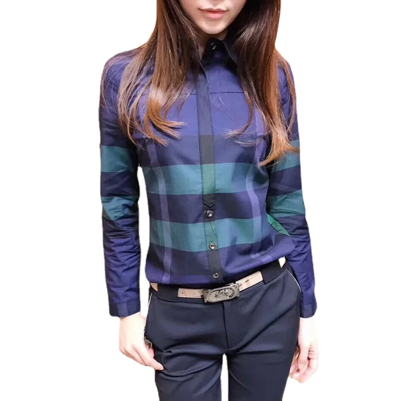 2023 spring and autumn new British style classic symmetrical plaid long-sleeved blouse lapel button top trendy