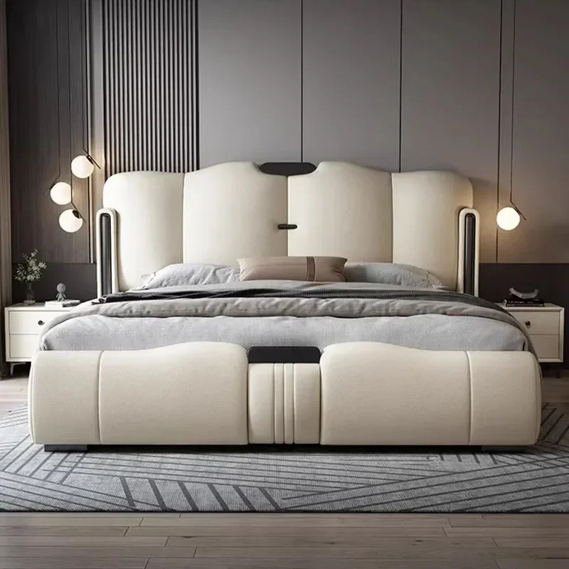 Nordic Modern European Double Bed Waterproof Luxury Salon King Double Bed White Genuine Leather Cama Matrimonial Home Furniture