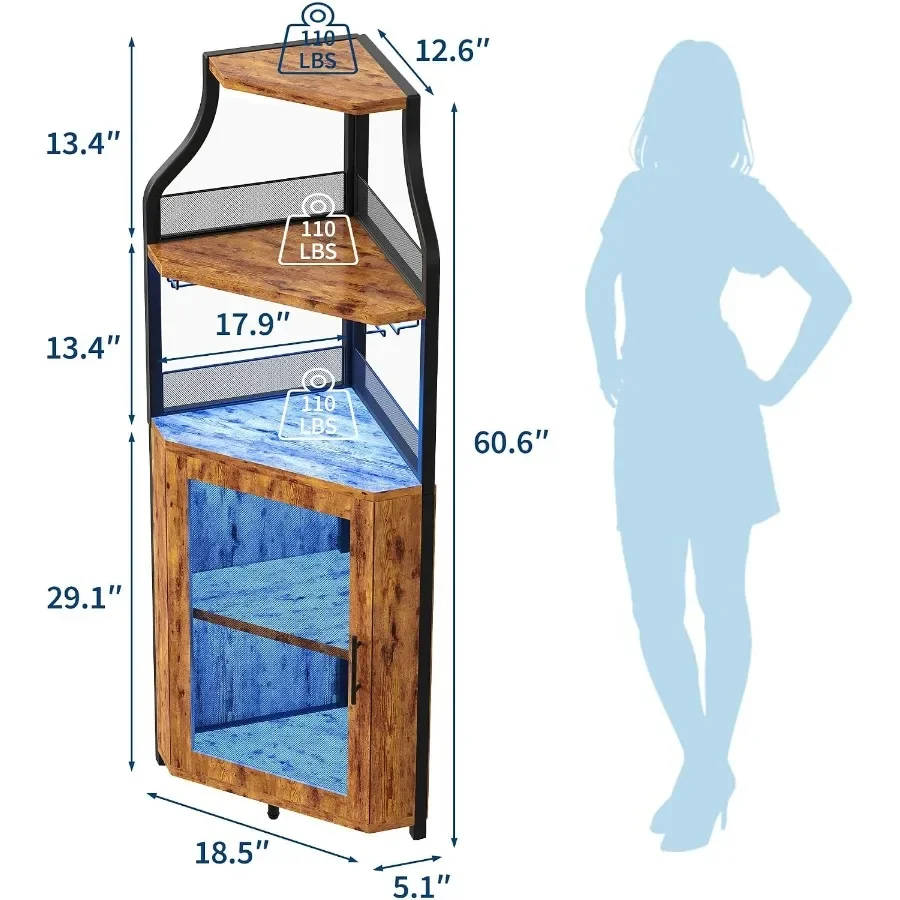 Corner Bar Cabinet for Home Use, MDF Wood in Walnut Finish, LED Lighting 5-Tier Wine Rack with Smooth Sliding Doors