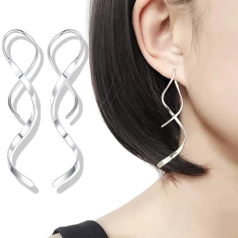 Irregular Spiral Threader Earrings Korean Helix Wave Curve Ear Line Cuff Stainless Steel Dangling Earring Women Fashion Jewelry