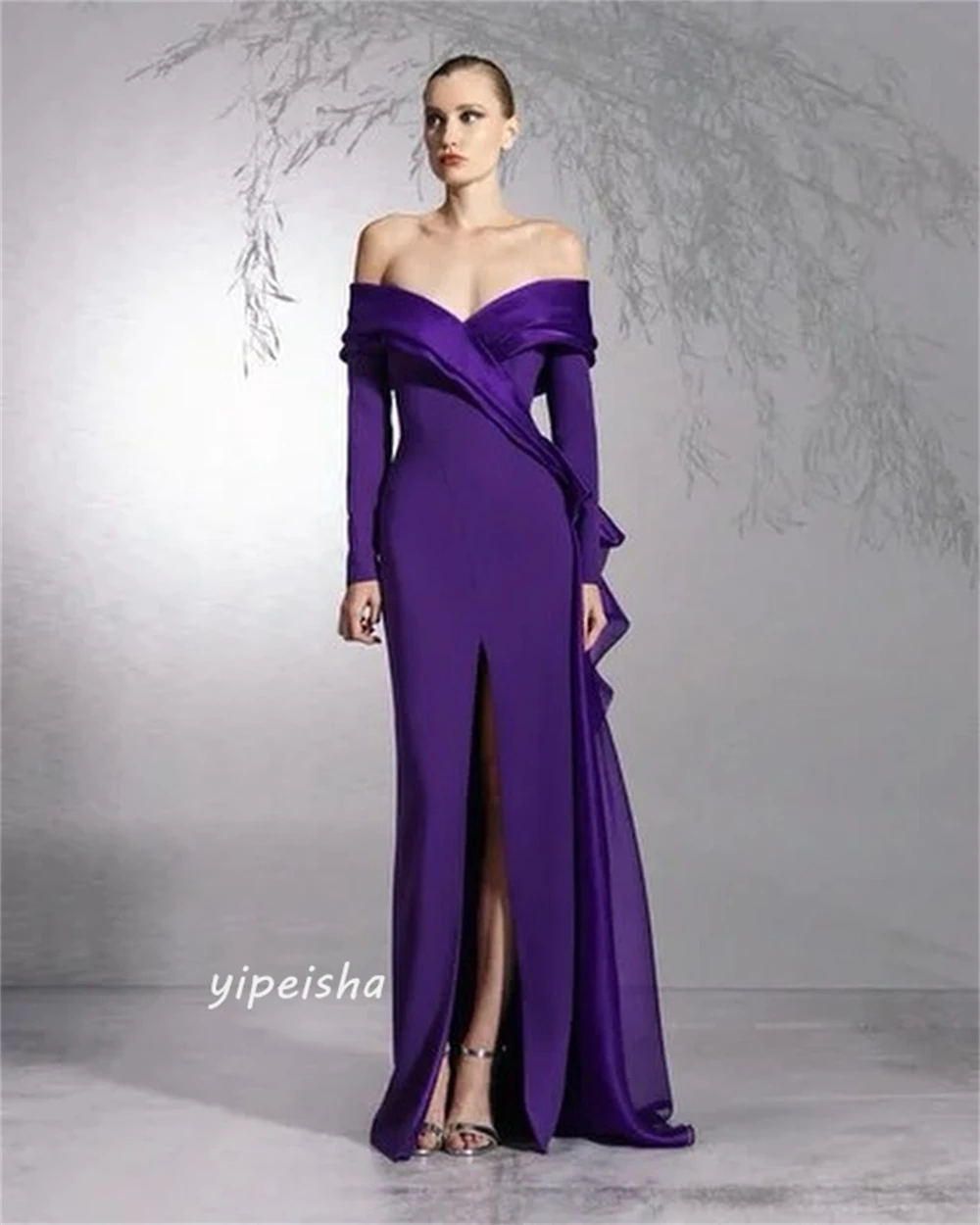   Satin Pleat Ruched Graduation Sheath Off-the-shoulder Bespoke Occasion Gown Long Sleeve Dresses