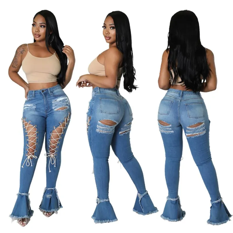 midden taille geperforeerde chien eye vloermop denim uitlopende broek dames faion hoge taille wijde pijpen jeans bla kleur