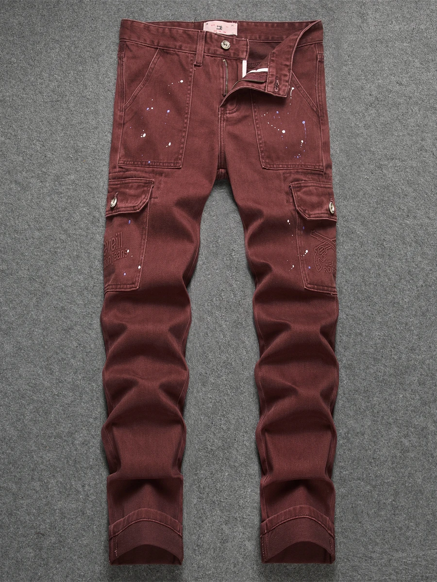 

Мужские джинсы премиум-класса для работы, с множеством карманов, зауженного кроя, повседневные, в американском уличном стиле, весна-осень, длинные брюки