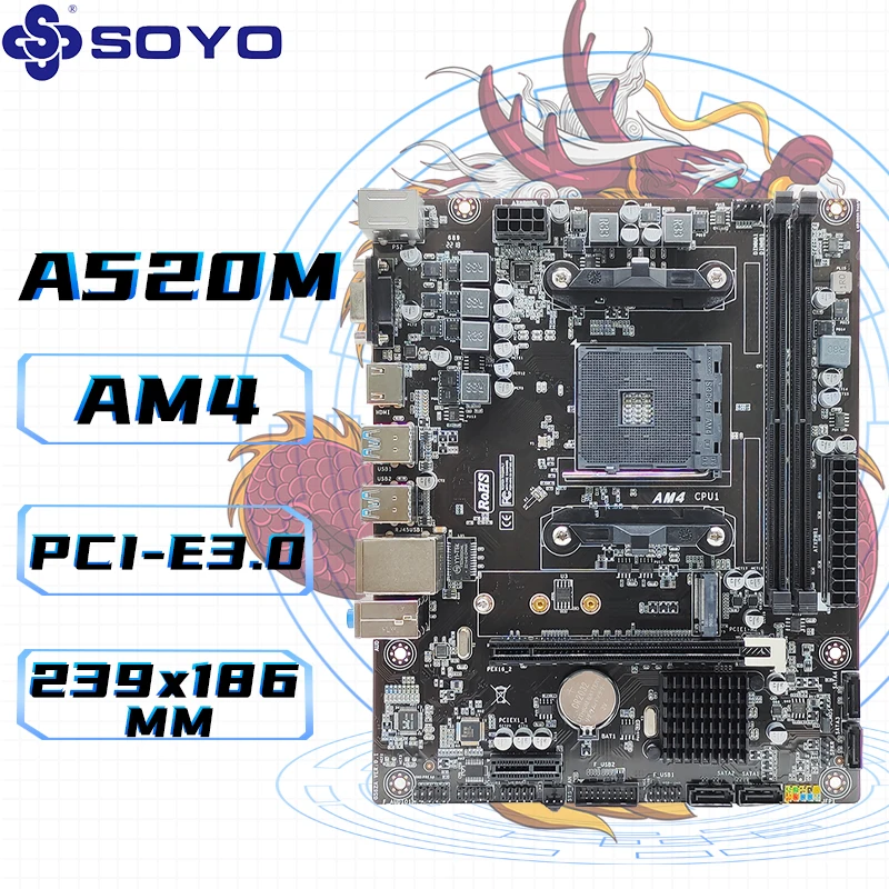 SOYO Full New Dragon A520M Motherboard Support AMD Ryzen CPU(3600/4650G/5600G/5600X) M.2 NVME USB3.1 Dual Channel DDR4 Memory