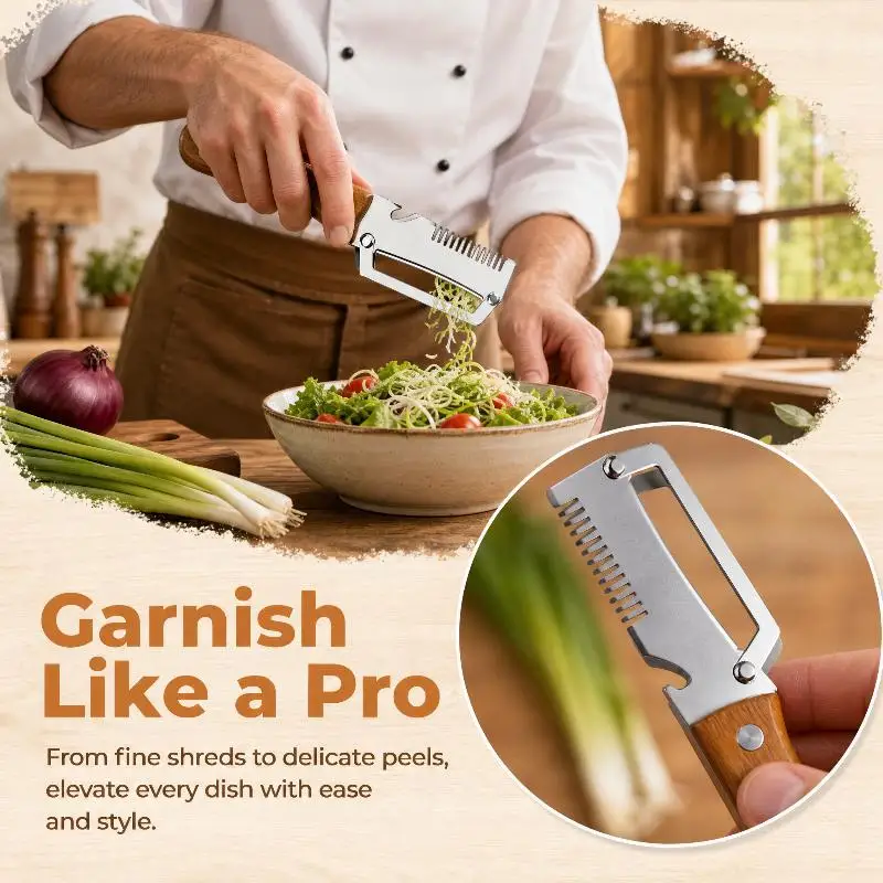 Wooden Handle 3-in-1 Peeler with Stainless Steel Serrated Blade for Versatile Kitchen Use