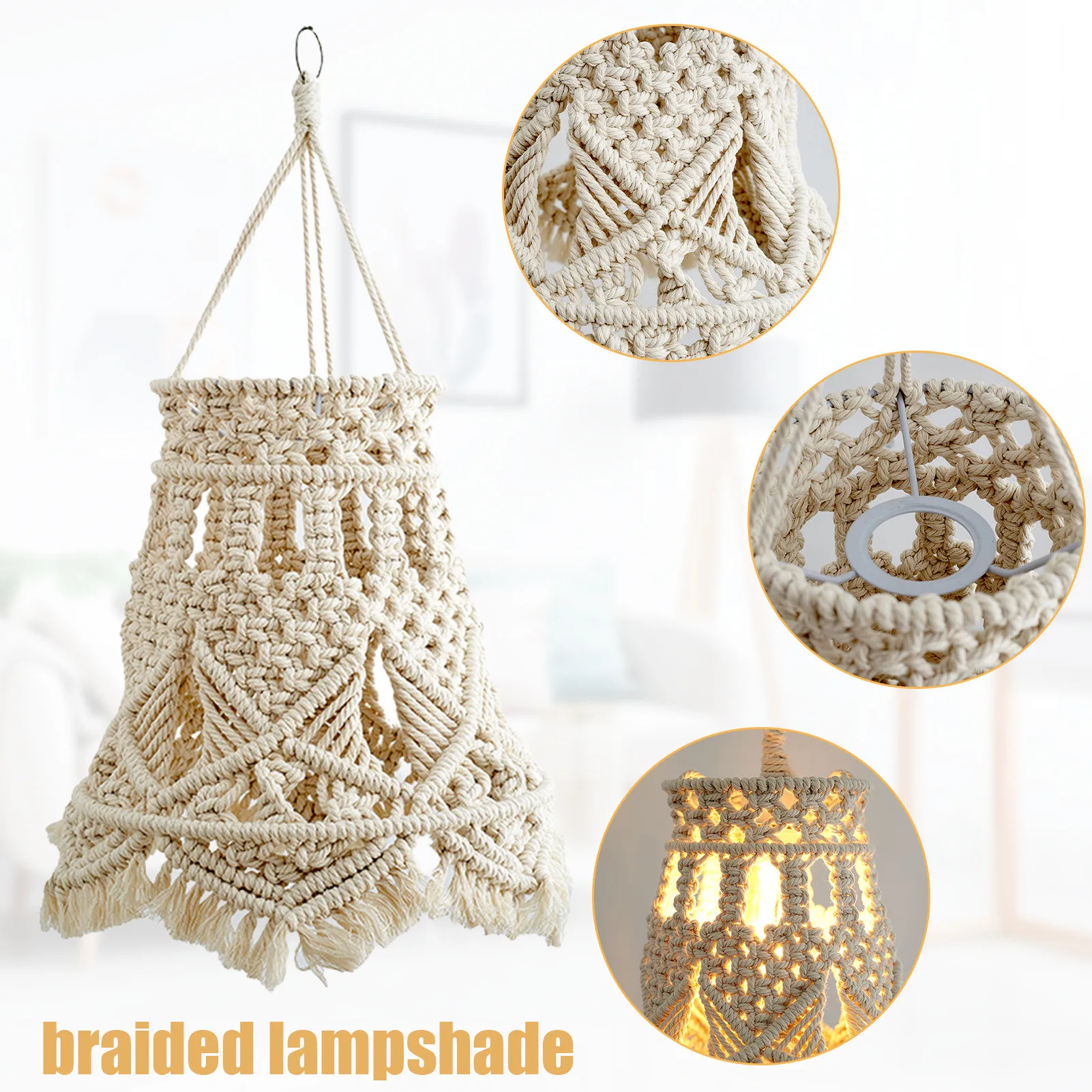 Macrame Lamp Shade Hand Woven Tapestry Lampshade Bohemia Wall Hanging Pendant Light Cover Home Living Room Decoration