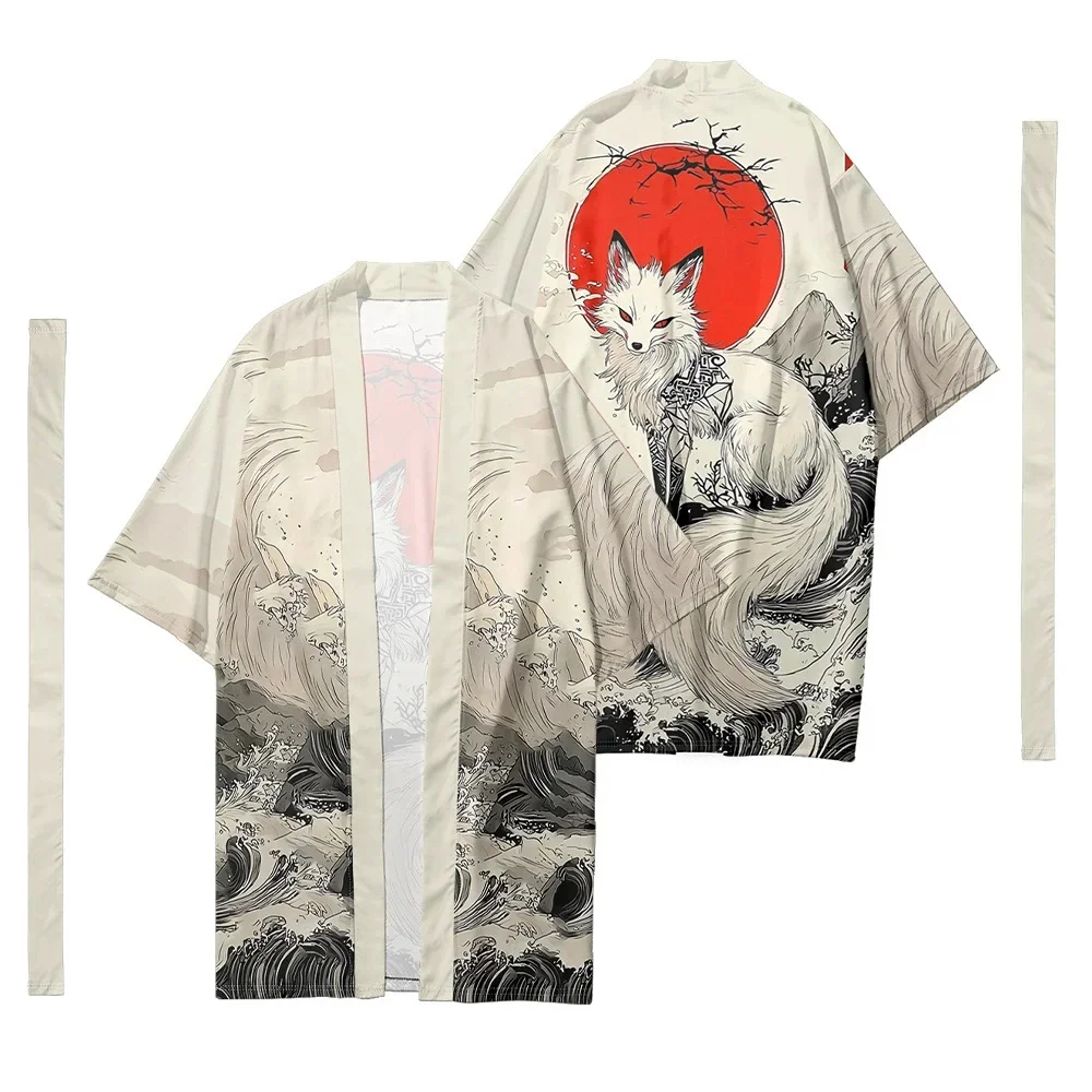 

Large Size 5XL 6XL Japanese Long Kimono Cardigan Print Fox Men Women Shirt Tradition Yukata Haori Obi Cosplay Costume