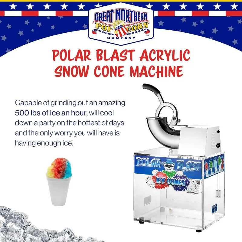 Polar Blast Snow Cone Machine Acrylic Crushed Maker Grinds Up to 500lbs of Ice Per Hour for Parties, Events