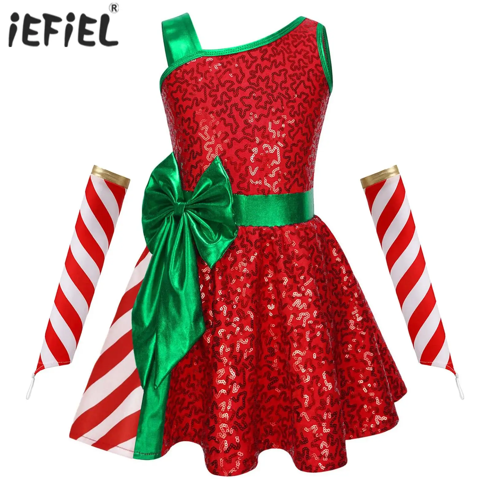 أطفال بنات الترتر عيد الميلاد يوتار فستان عيد الميلاد السنة الجديدة سانتا زي مع الكتف غير المتكافئة القوس الكبير والأكمام الطويلة شريطية