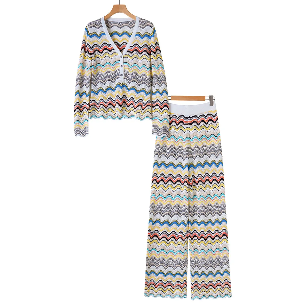 Fashionable Retro Chevron Knit 2 Piece Set Women Long Sleeve V Neck Top Wide Leg Pants Casual Outing Beach Vacation Outfit