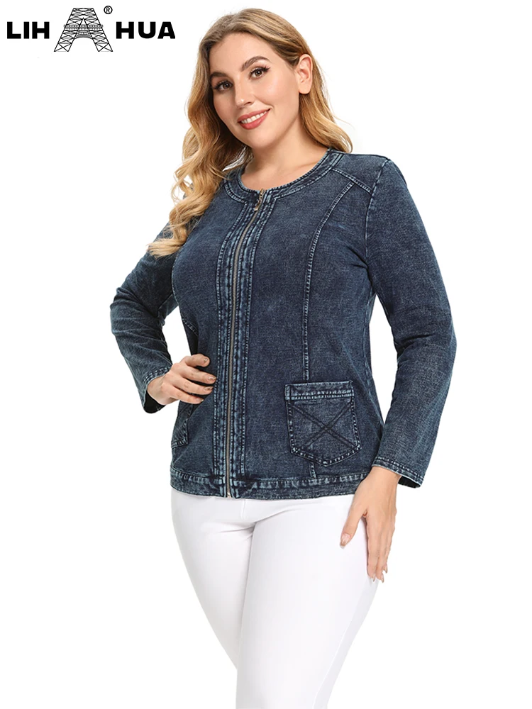 LIH HUA - Chaqueta vaquera de talla grande para mujer, informal, a la moda, con cremallera, vaquera de punto de algodón elástico