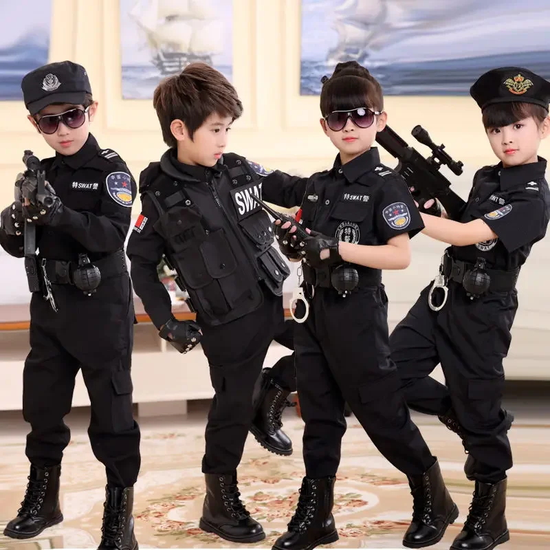 Children Policeman Uniform Cosplay Costumes Kids Police Top Pants Hat Suit Boys Girls Police Clothing Halloween Christmas Gift