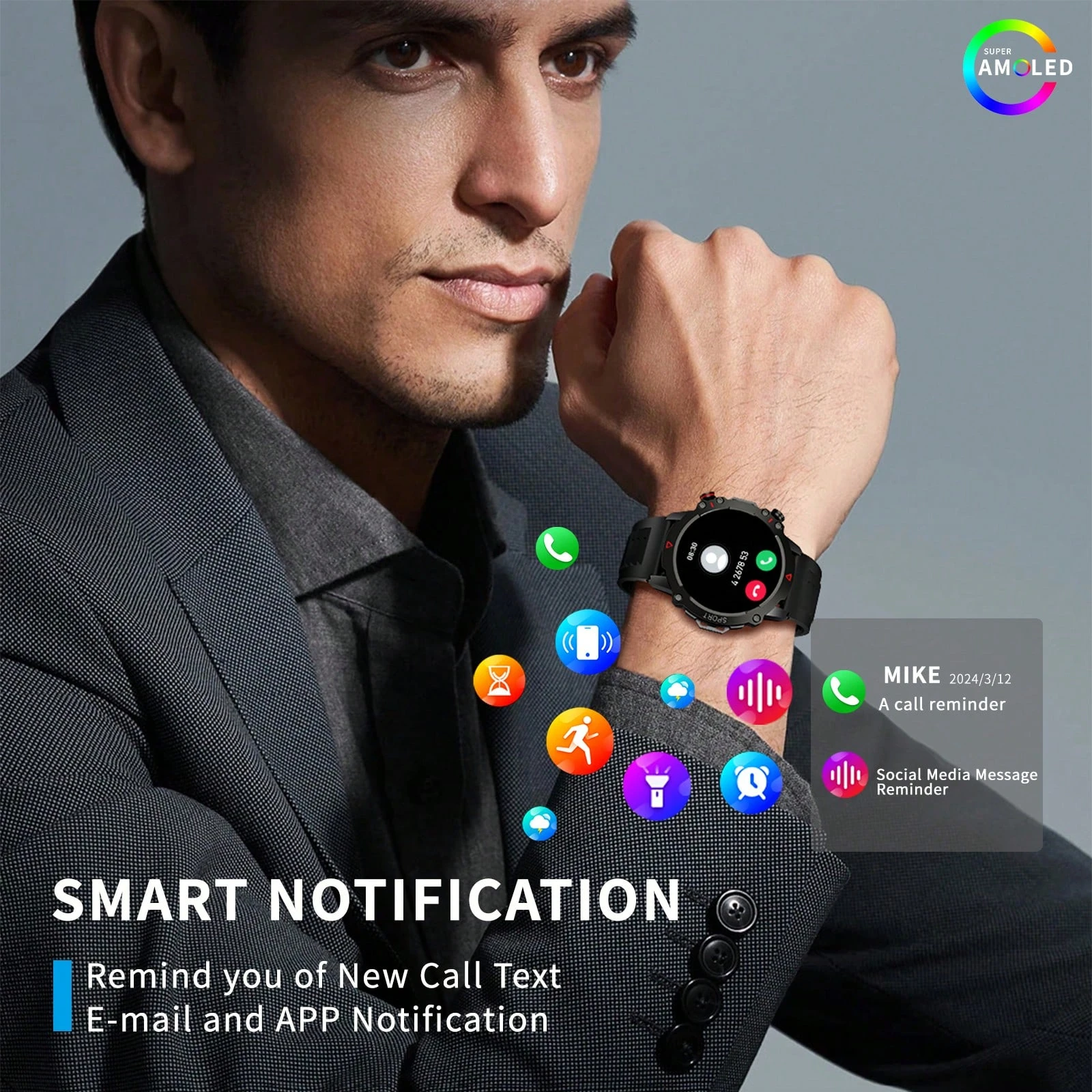 AMOLED SCREEN Chamada sem fio, modos multiesportivos, push de mensagens, foto remota, controle de música, rastreador de fitness ao ar livre | Desportivo