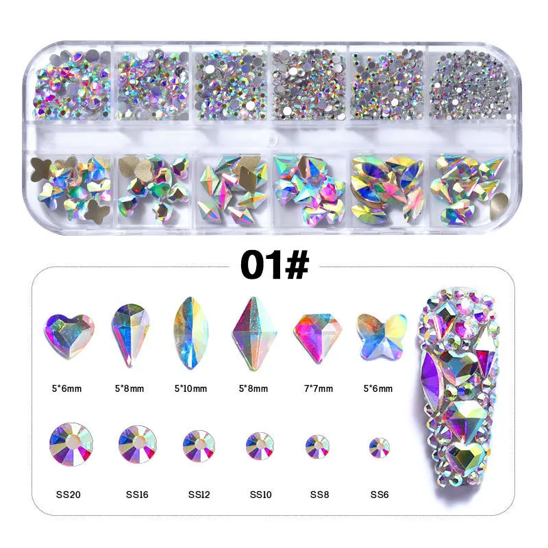 AB Cristal Rhinestones Set, DIY Nail Art Decorações, Flatback Gems para Artesanato, Caixa de 12 Grelhas