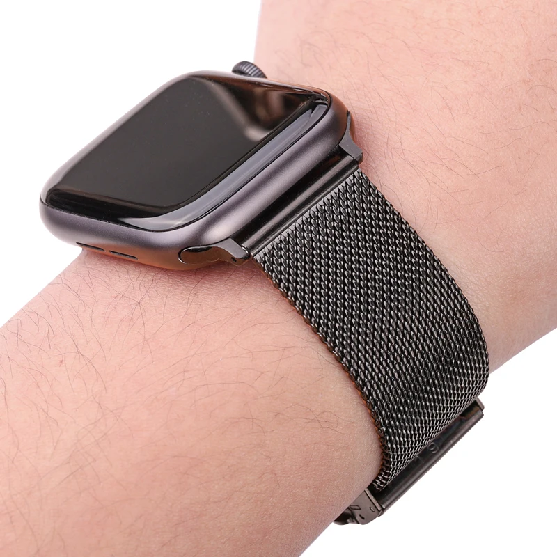 Bracelet à boucle milanaise en maille pour Bracelet de montre Apple 44mm 40mm 38mm 42mm, Bracelet noir argenté, Iwatch série 4 3 Se 6 7 45mm 41mm