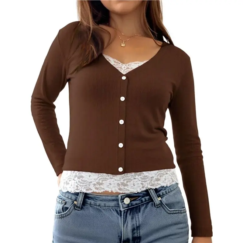 

CYL-Womens Lace Long Sleeve Top Paneled Henley Shirts Y2k 2000S Fitted Going Out Tops Blouse