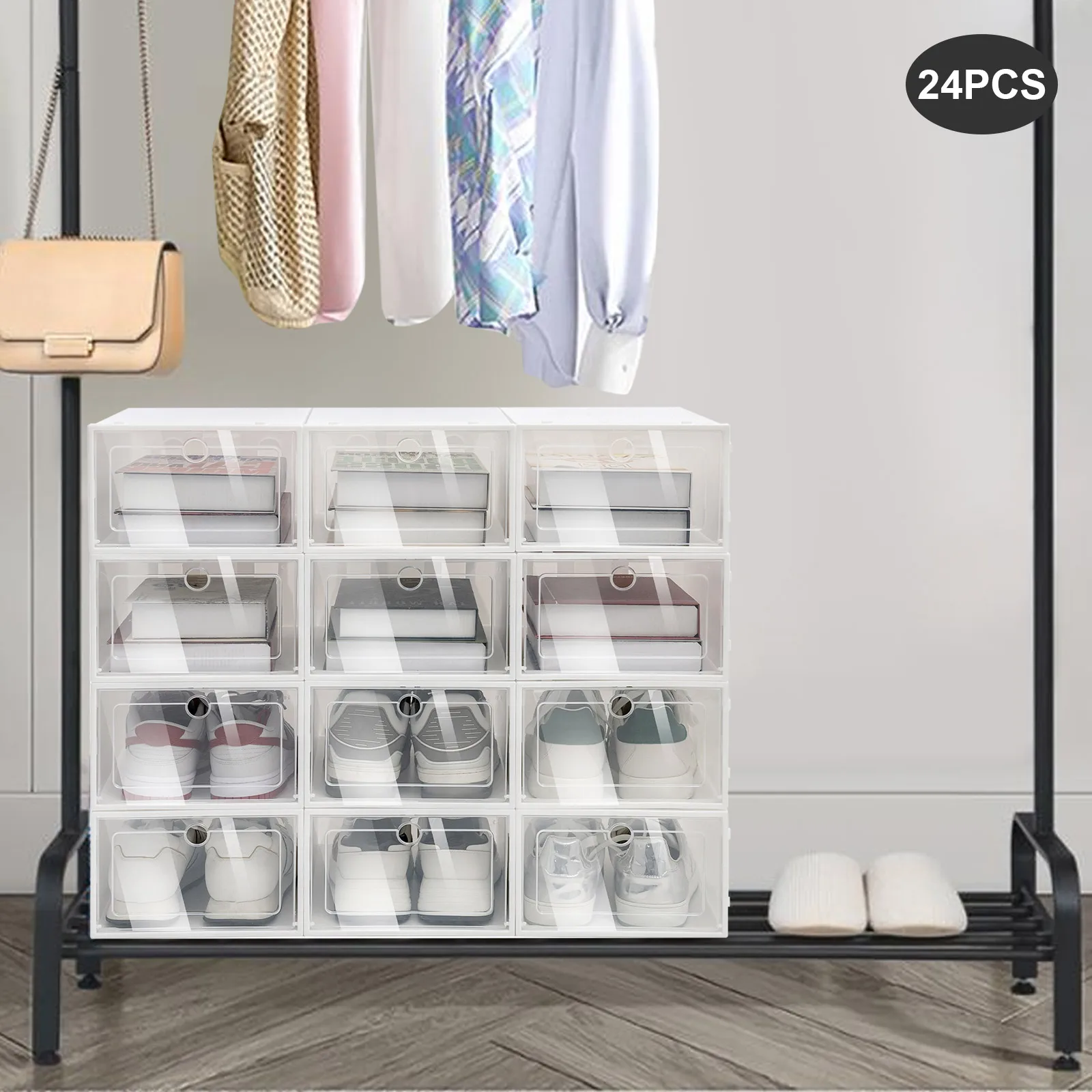 

Upgrade Harder Solid Plastic Shoe Organizer, Shoe Storage with Magnetic Front Door,Shoe Rack 24 Pack Boxes Clear,Sneaker Storage