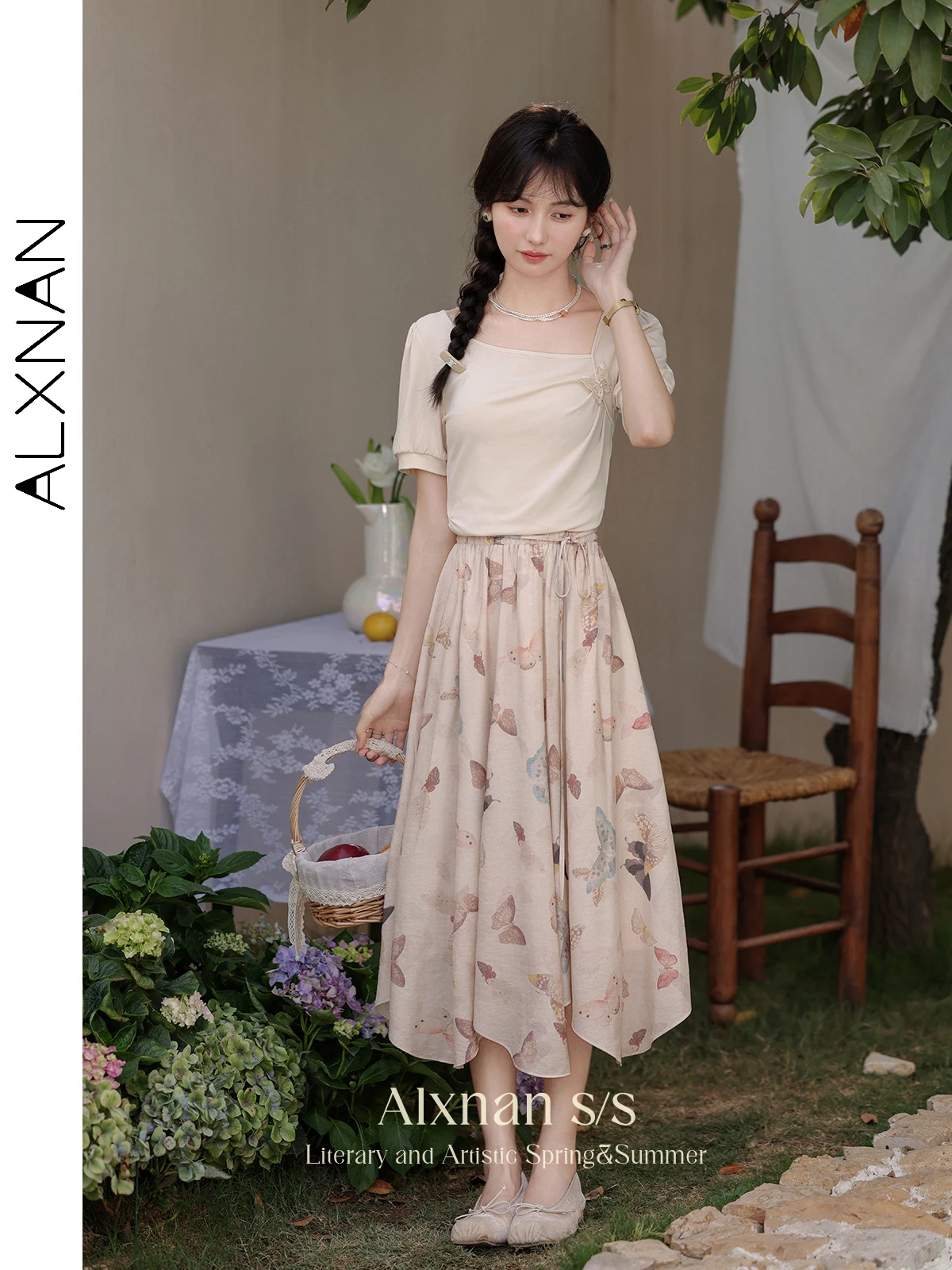 ALXNAN Frenchy Lady Midi Skirt 2024 Fashion Butterfly Print Tie Elastic Waist Flowy Flared Skirts Women Summer Clothes L35709