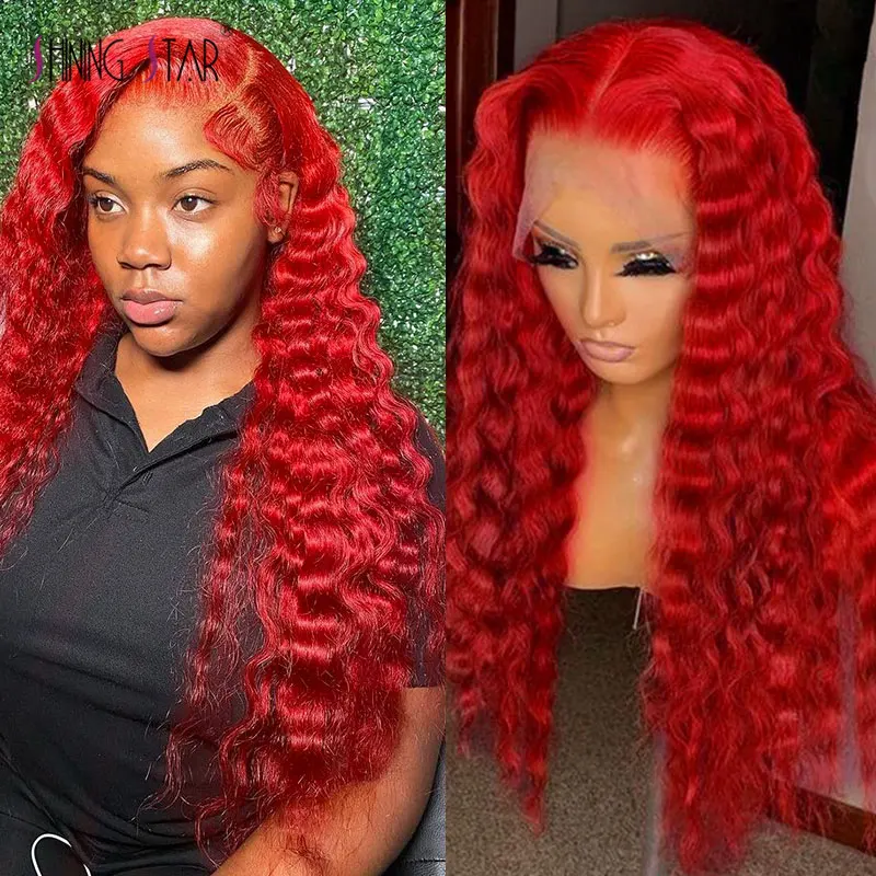 34 Inch 13X6 Hd Lace Frontal Wigs For Women Red Color Deep Wave Frontal Wig Body Wave 13X4 Lace Front Human Hair WIg Curly Hair