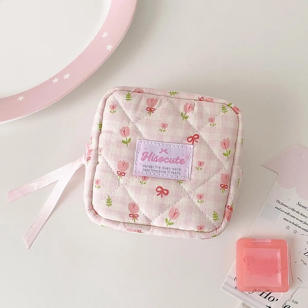 New Quilted Square Cosmetic Bag Ribbon Bow Decor Floral Print Plaid Makeup Pouch Zipper Closure Portable Coin Purse Travel
