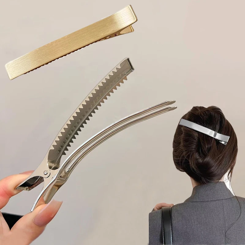 

2/3Pcs Women's Silver Color Brushed Metal Large Duckbill Hair Clip Simple Straight Hair Barrette
