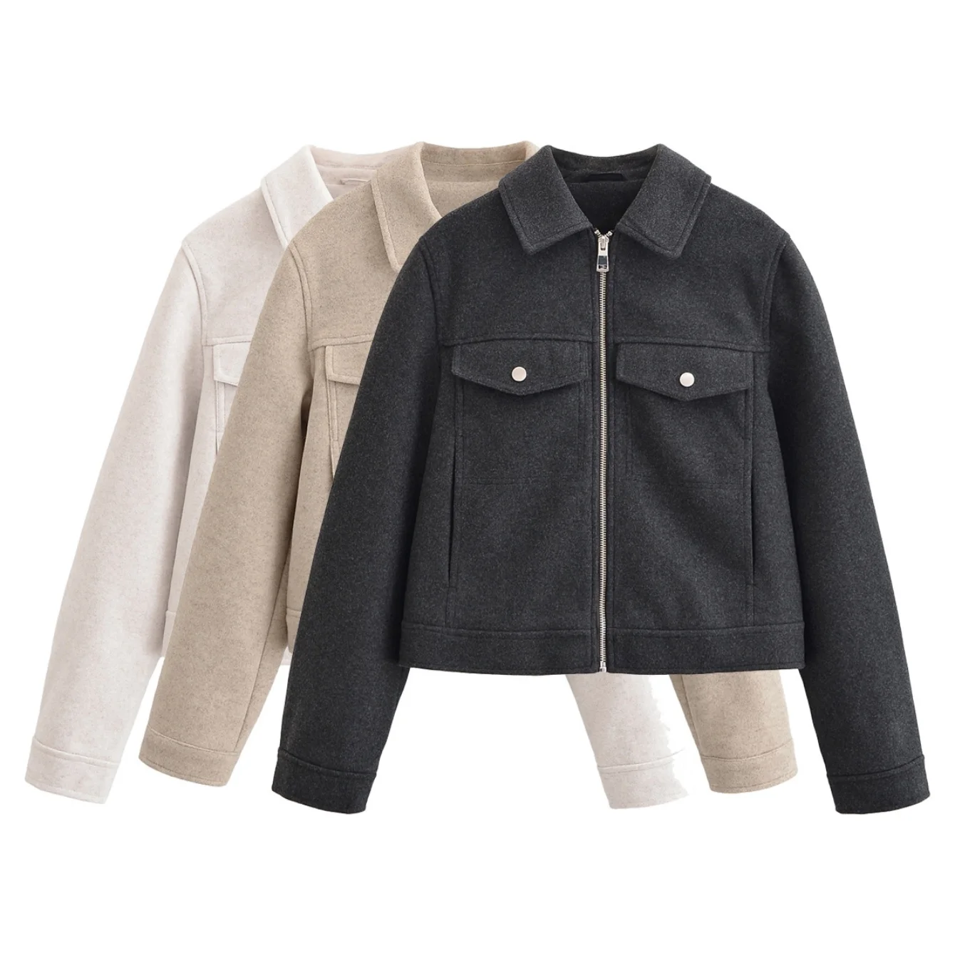 

Осень-зима, повседневные однотонные шерстяные куртки для женщин, воротник-стойка, длинные рукава, молнии, пальто, модная женская короткая куртка, уличная одежда