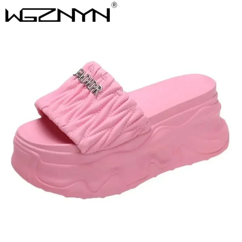 

Шлепанцы, женские шлепанцы, туфли на очень высоком каблуке и платформе, пляжная обувь на танкетке 7 см, плиссированные сандалии, новые летние женские туфли на массивном каблуке