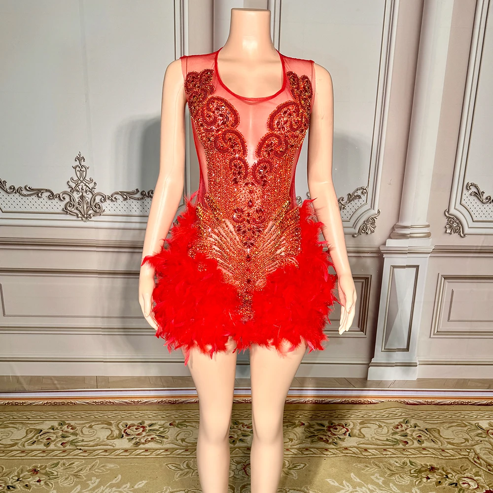 

Customized Tassels Feather Mesh lace Feather High Elastic Short Sleeve Pearl Sexy Tight Party Dress Stage Performance Dress