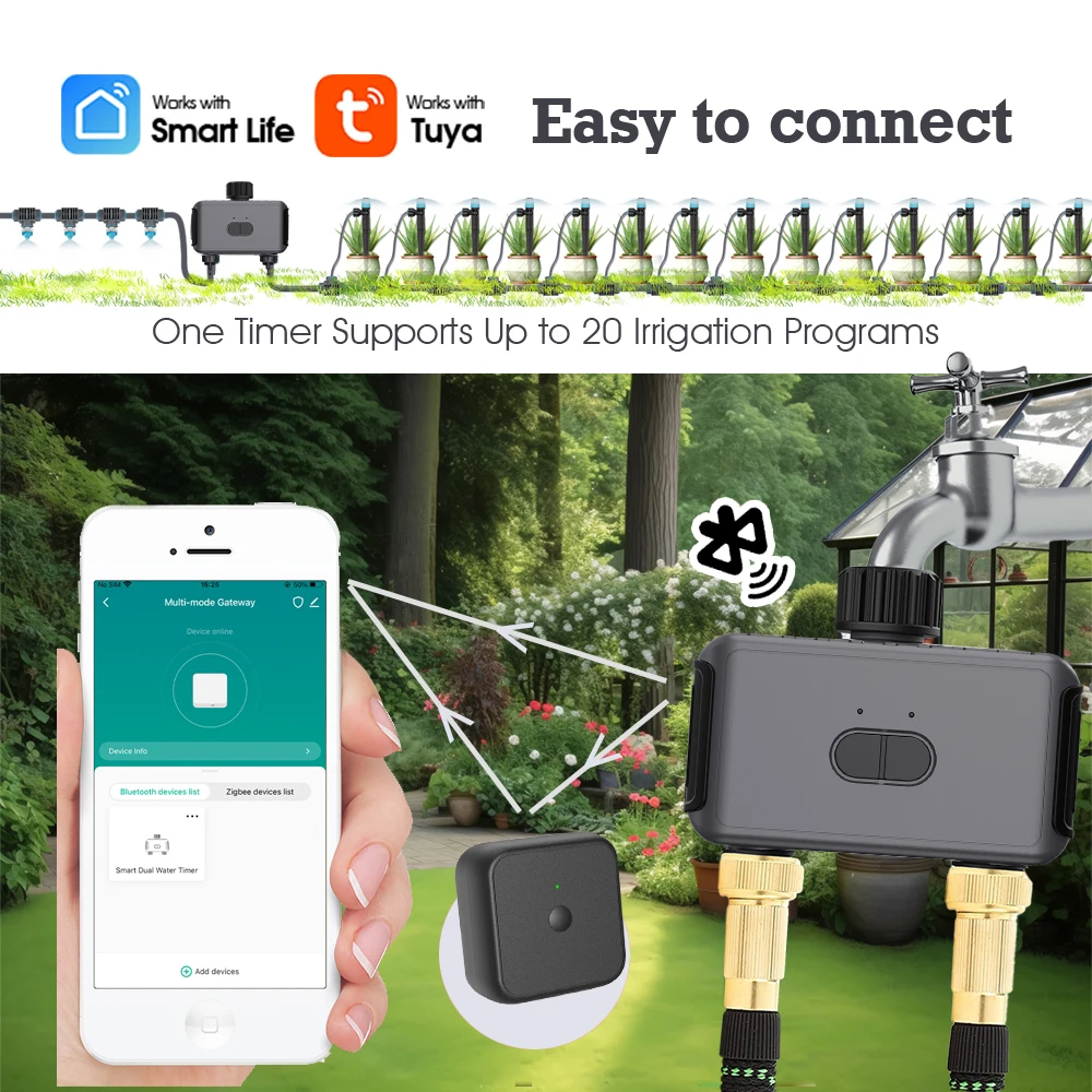 Muciakie Dual Zone Smart Timer Remote Control App Alexa Compatible 2 Way Watering System for Lawns Plants IP55 Waterproof Design