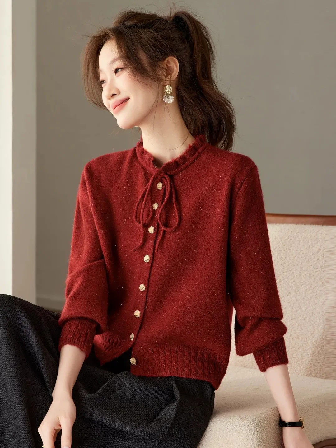 2026 New Fashion Small Size Women's Knitted Cardigan Coat with Bow Tie Earlet Collar Red Sweater Casual Loose Fit Soft Polyester