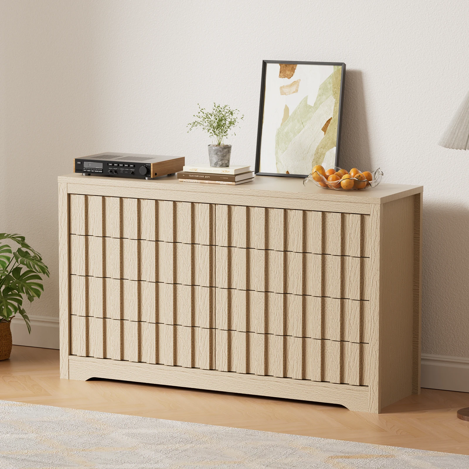Modern Fluted 8-Drawer Dresser – Handleless Wooden Chest, Deep Storage, Bedroom Clothes Organizer, Natural Oak Finish – Perfect for Living Room or Hallway