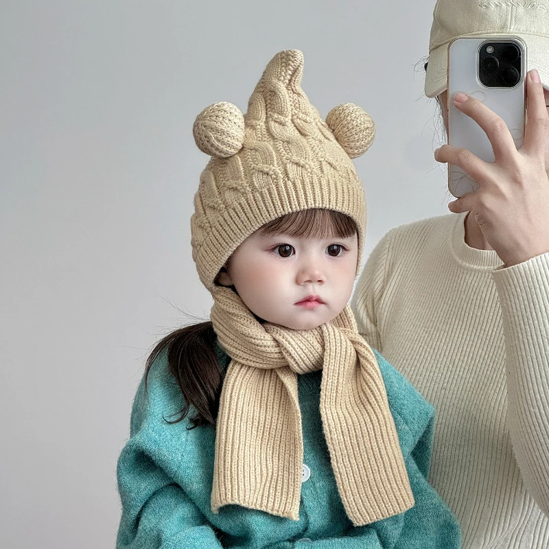 

Hat and Scarf Combined Hat, Autumn and Winter Thickened Knitted Cute Wool Hat, Ear-protecting Hat for Men, Women, and Babies