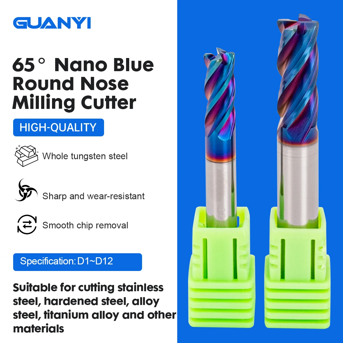 

Вольфрамовая карбидная Концевая фреза 65 ° Nano Синяя круглая плоскостная фреза используется для резки легированной стали нержавеющей стали и т. д.
