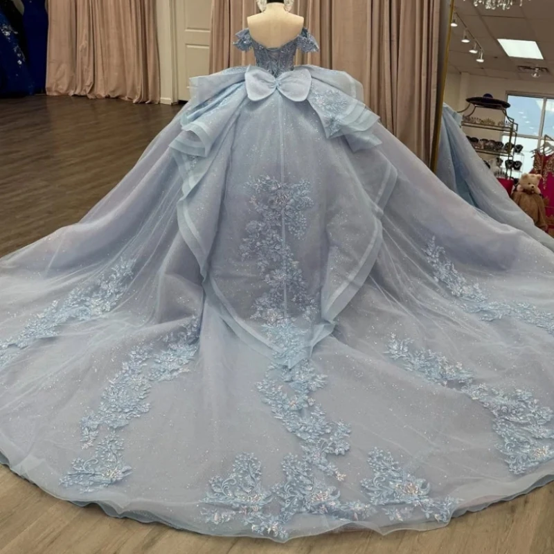 

Luxury Mexican Cap Sleeve Rhinestone Lace Up Bow Ball Gown Sweep Train Women Prom Birthday Party Quinceaenra 15 16 14 Customized