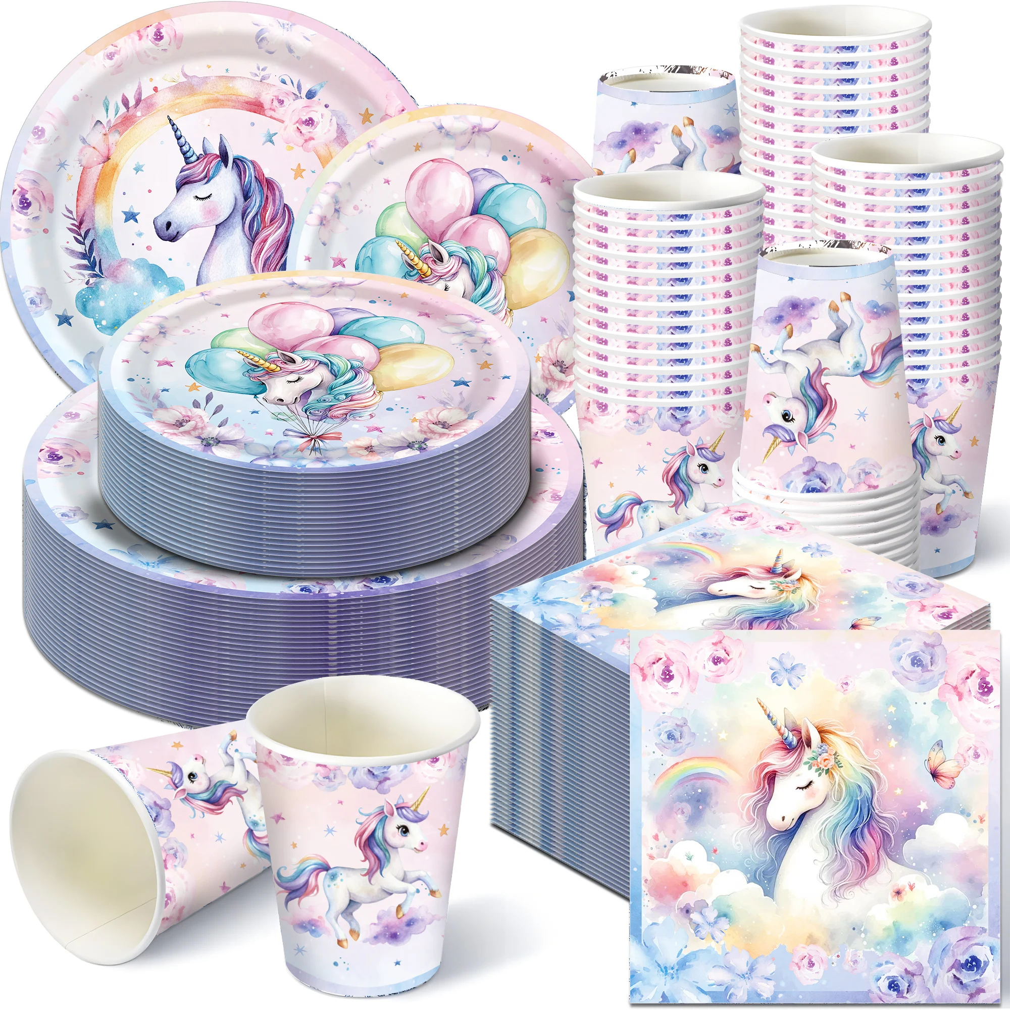 Einhorn Einweggeschirr Teller Servietten Tischdecke Cupcake-Ständer für Geburtstagsdekoration Partyzubehör – Detail 2