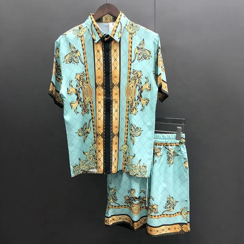 

2024 Baroque Print Color Contrast Short-sleeved T-shirt 2-piece Suit Men's Suit Sportswear Tops And Shorts Tracksuit Men Set