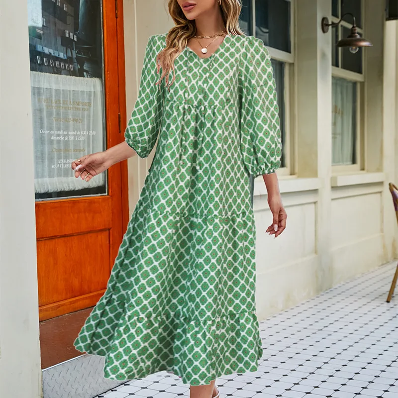 Plus-size Women\'s Spring/Summer Dress Green Print Long Dress Casual Bohemian Lantern Sleeve Women\'s Beach Party Dress 2024