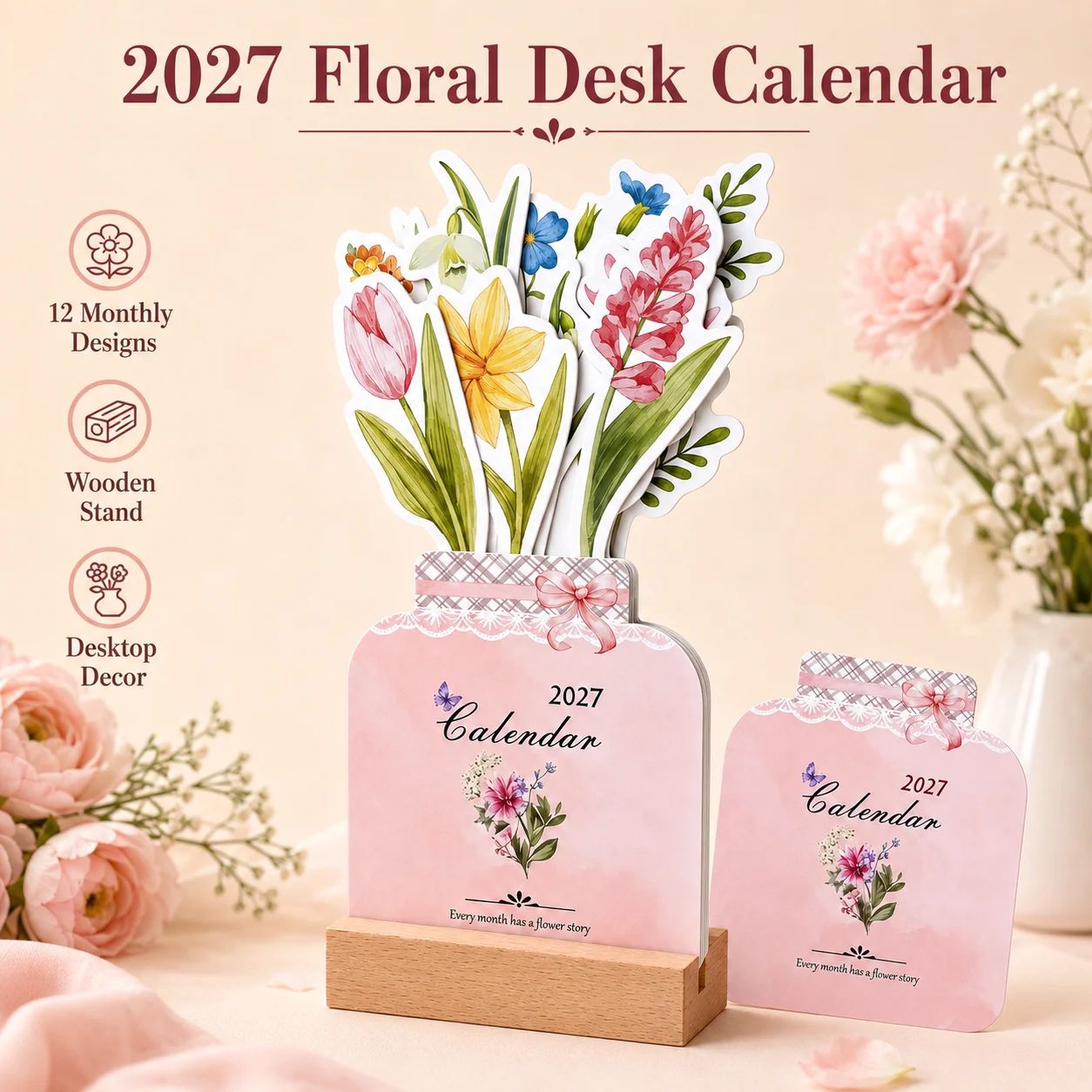 2027 Desktop Calendar Floral Design Monthly Planner with Wooden Stand 12 Month Table Calendar for Office School Home Desk Decora
