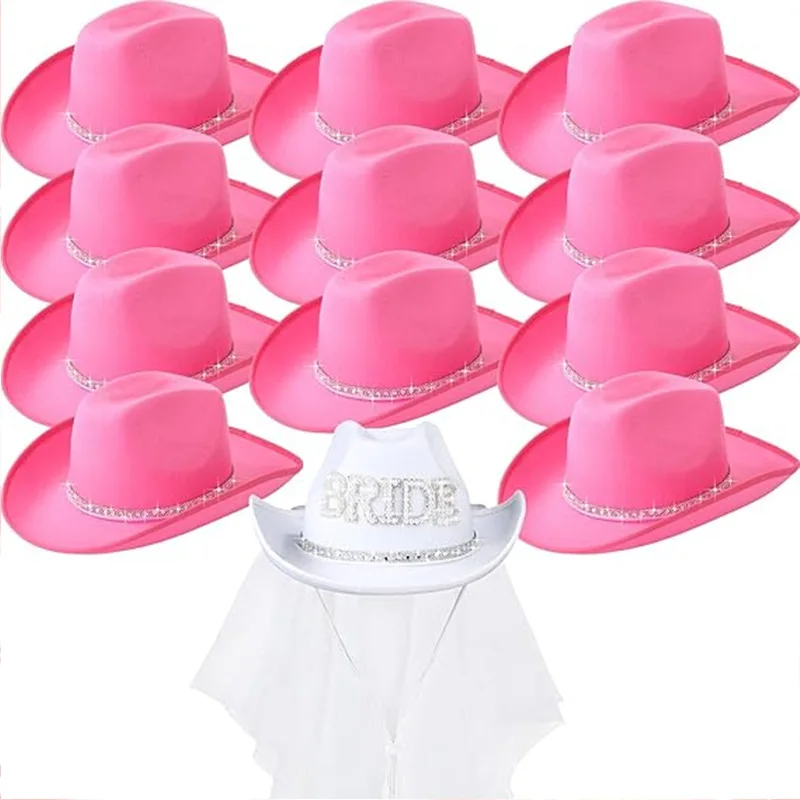 Bride Cowboy Hat Set Diamond Stripe Cowgirl Hat Bridesmaid Gifts Wedding Bridal Shower Bachelorette Party Costume Decor Supplies