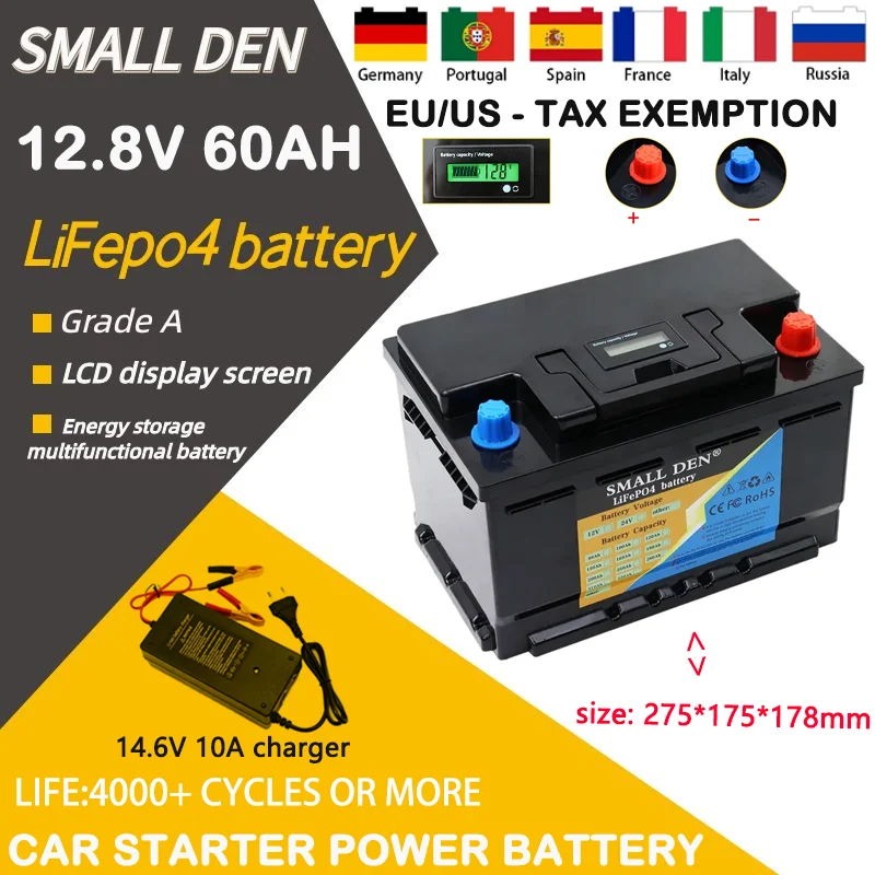 12V/12.8V 60AH lithium iron phosphate battery, 4000 lithium power battery, car lighter, solar wind+14.6V charger, tax-free