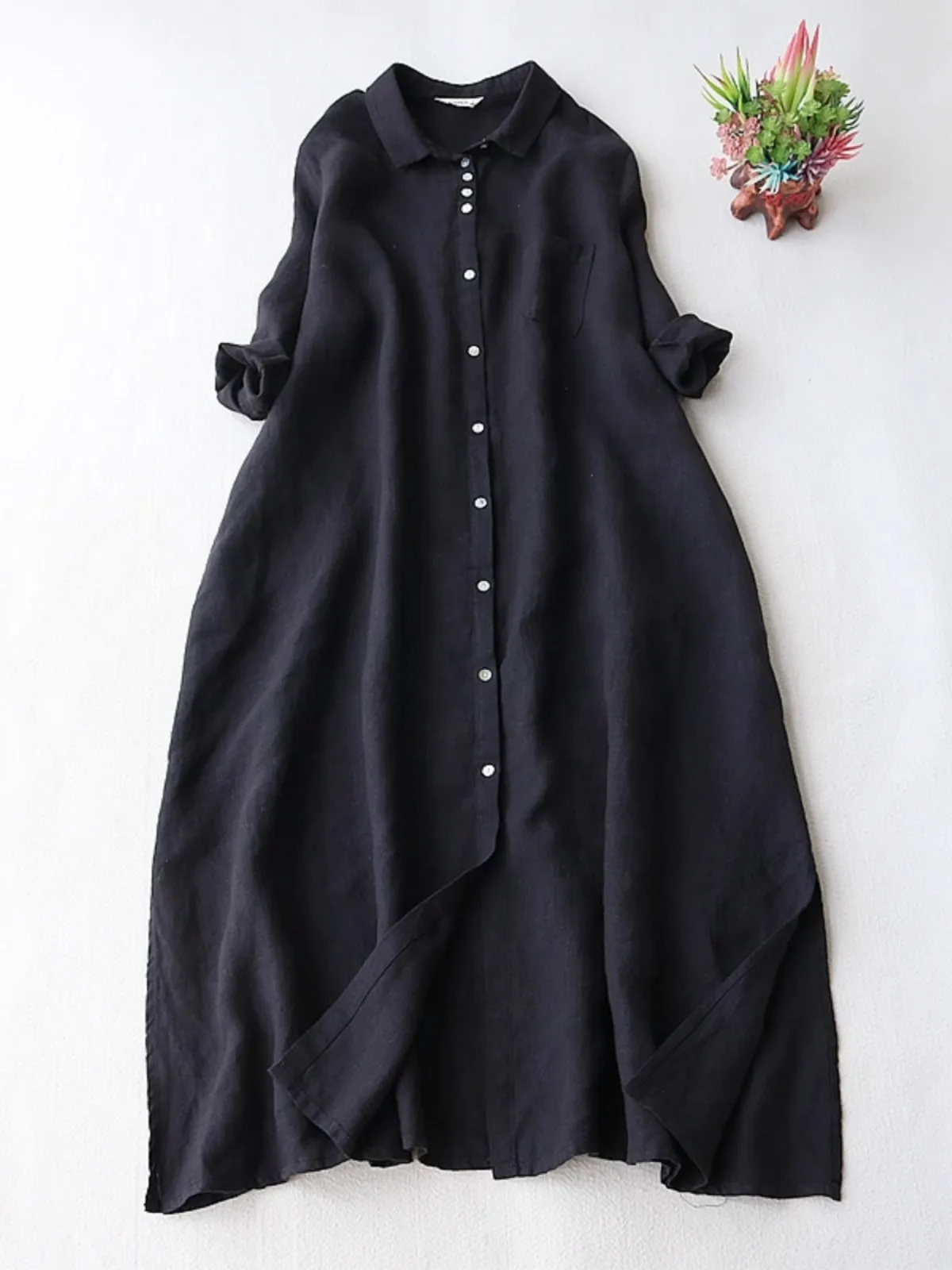 

2025 New Summer Vintage Women Shirt Dresses Turn Down Collar Single Breasted Simple Casual Literary Half Sleeve Midi Dress