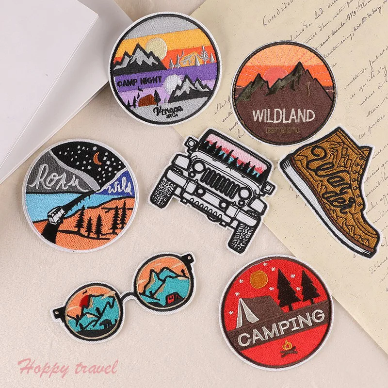 Runde Stickerei Außen Berg Lagerfeuer Camping Abzeichen Kleidung Zubehör Patch Stickerei Eisen-auf Übertragungen für Kleidung