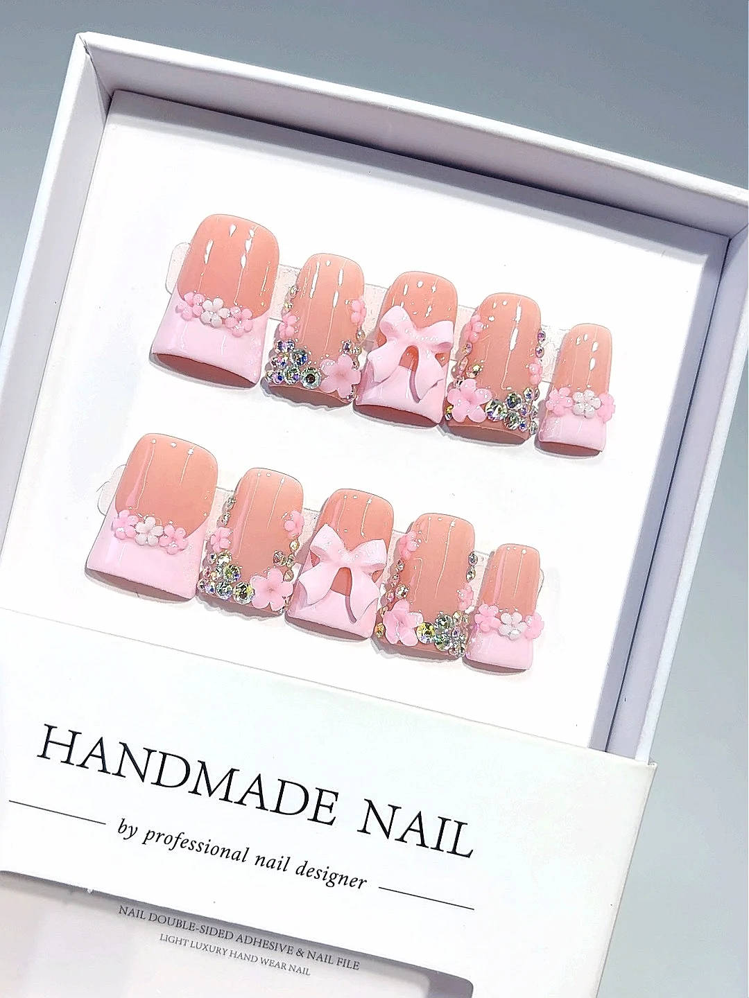 

Pastel Pink Bow Press on Nails - 3D Flower Rhinestone Accent Flare False Nails Handmade for Women（L294）