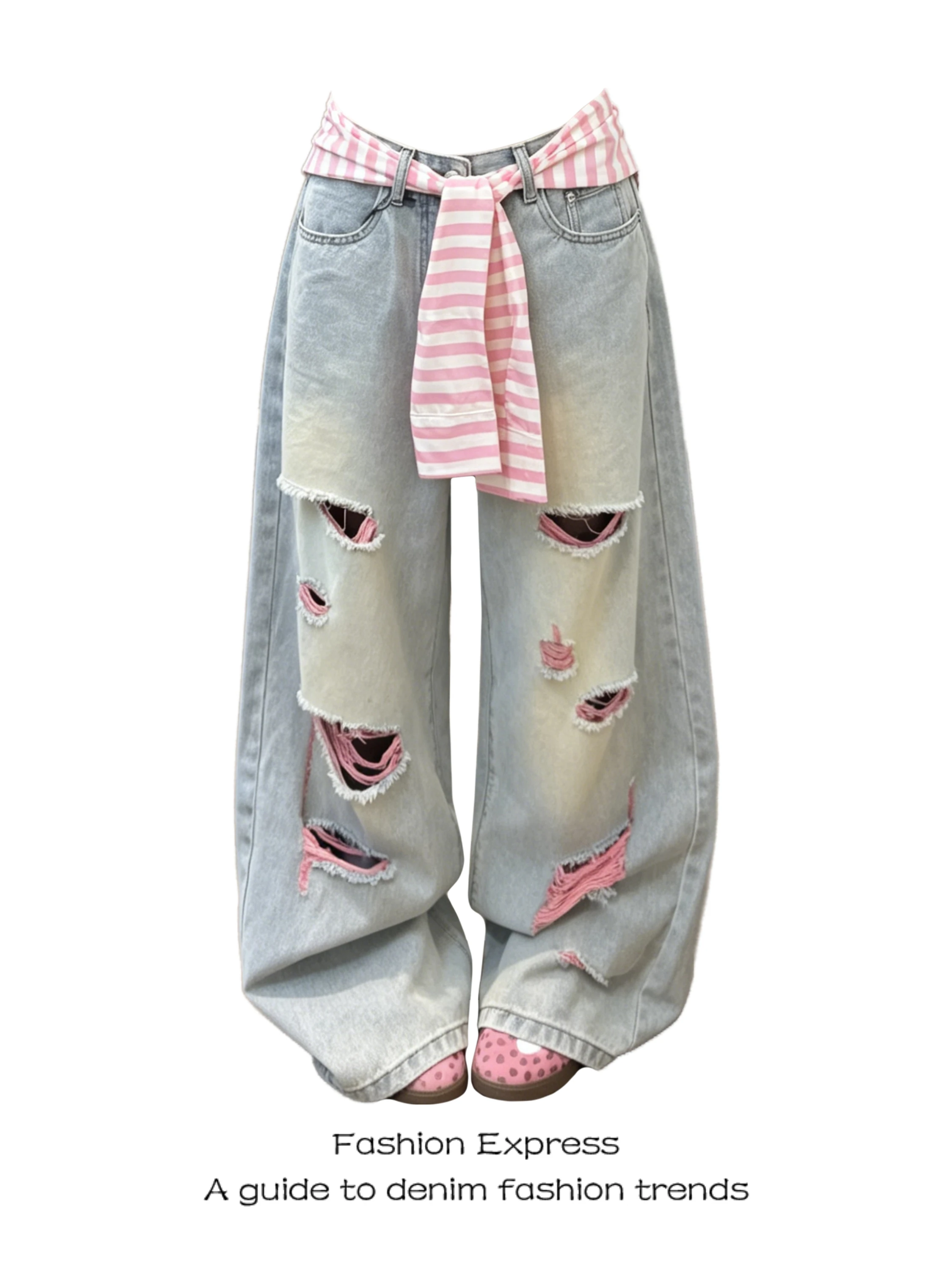 

Ripped High Waist Wide Leg Jeans Women's Pink Casual Style Denim Pants Summer 2026 Trendy Loose Straight Cut Streetwear