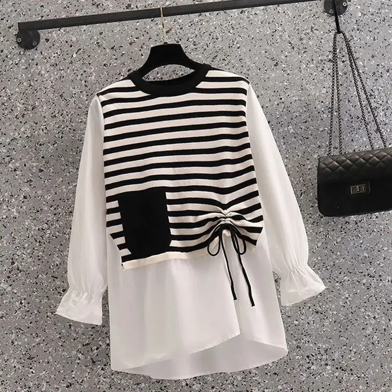 Female Streetwear Striped Fake Two Pieces T-shirt 2023 Spring Autumn Loose All-match Shirring Stylish Pockets O-Neck Pullovers